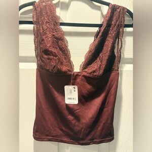 Free People Lace Trim Ribbed Top in Cocoa